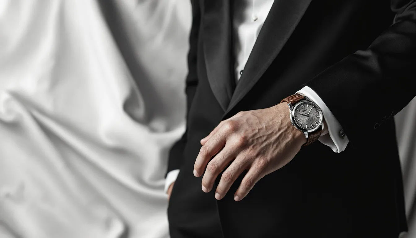 A stylish individual wearing an ostrich leather watch strap, showcasing its elegance.