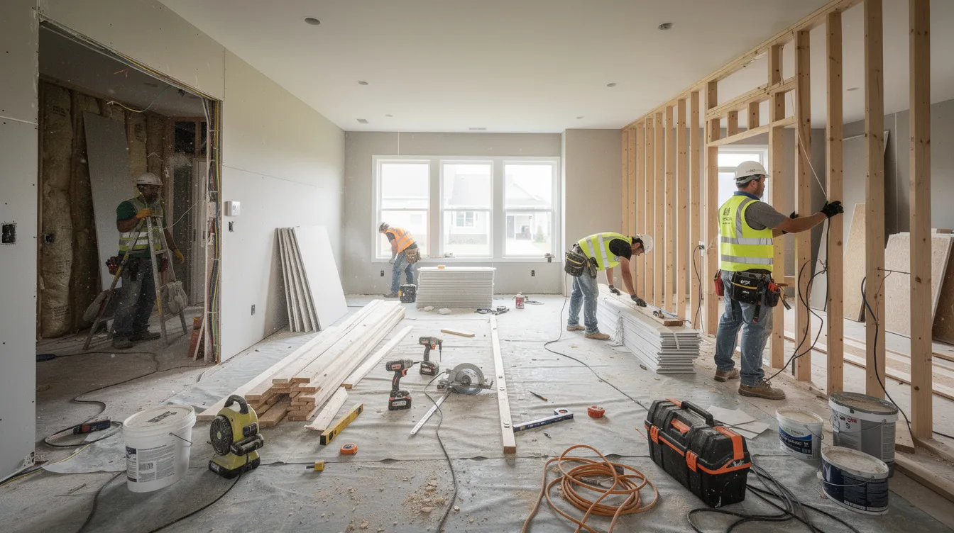 Construction workers renovating the interior of a residential property, surrounded by tools and building materials, illustrating the role of home equity loans during renovations