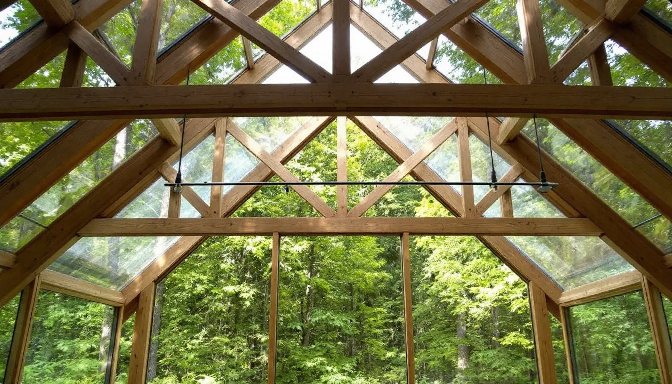 The interior of Thorncrown Chapel features stunning glass walls and wooden trusses, allowing a beautiful view of the surrounding forest in northeast Arkansas. This serene space, designed by E. Fay Jones, seamlessly blends nature with architecture, creating a peaceful atmosphere for reflection and connection.