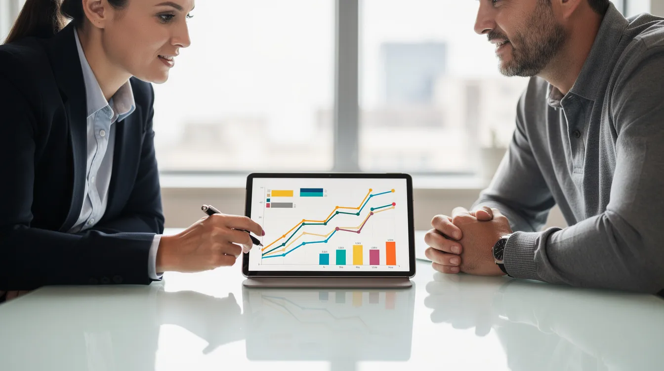 A financial advisor and a client are intently reviewing various charts displayed on a tablet, focusing on aspects of retirement planning such as retirement income, tax implications, and strategies for managing taxes on retirement assets. The scene emphasizes the importance of tax efficiency and planning for future tax exposure in their financial life.