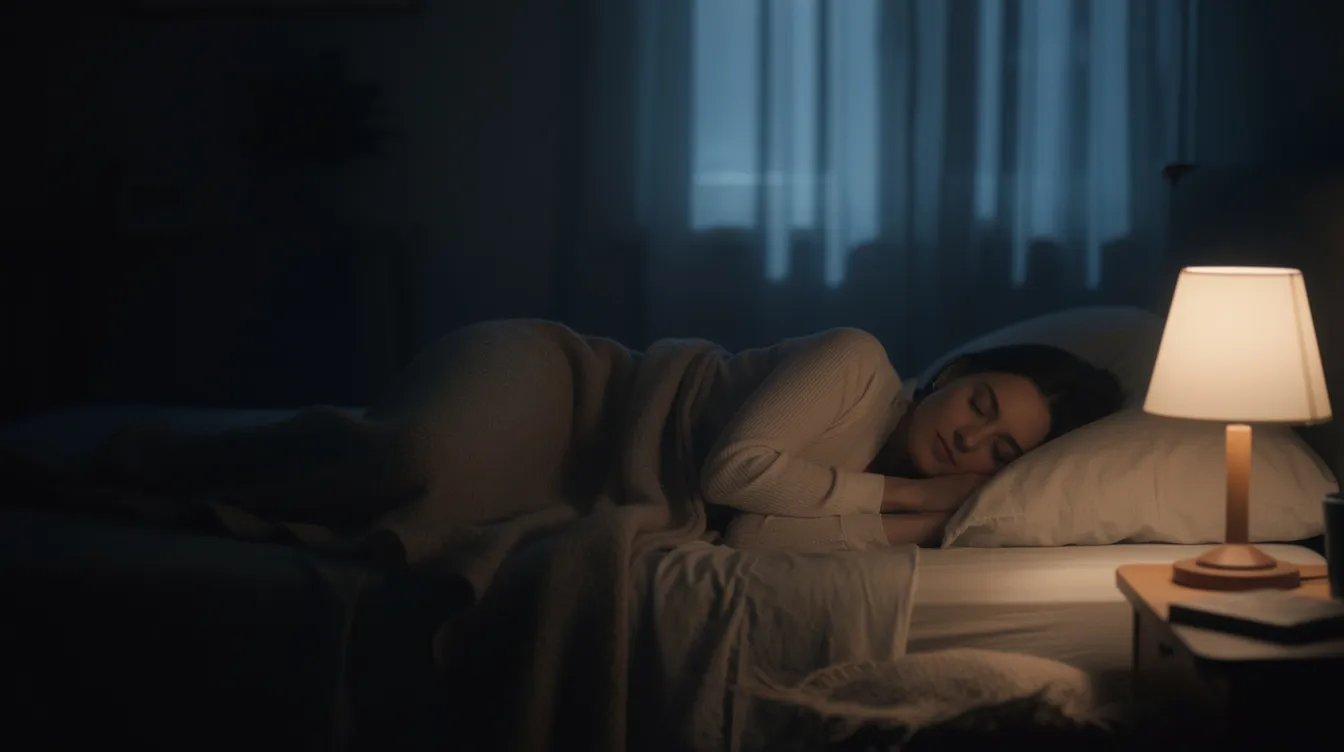 A person is sleeping peacefully in a dark bedroom illuminated by soft lighting, embodying the essence of quality sleep, which is essential for maintaining a healthy immune system and overall health. The serene atmosphere suggests a restful night, crucial for preventing sleep deprivation and promoting immune function.
