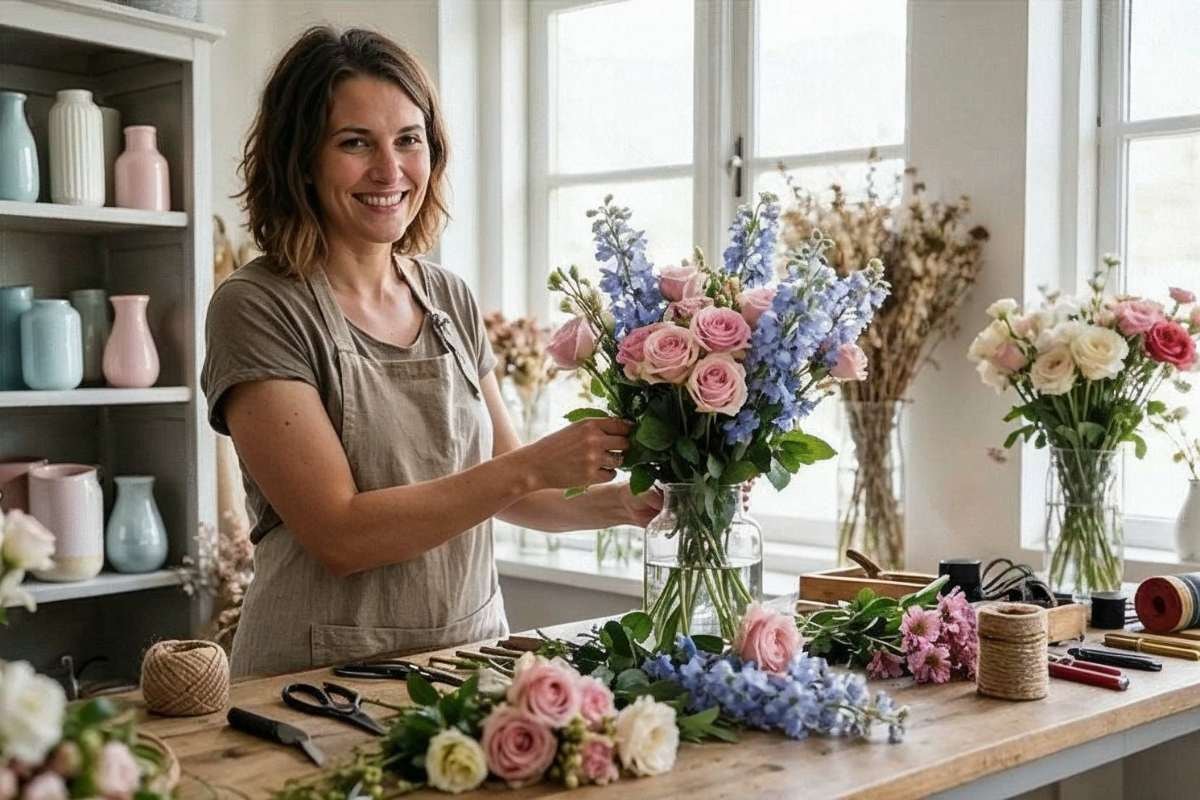 Florist smiling while arranging pink roses and blue blooms in a bright studio workspace, with tools and stems on the table.