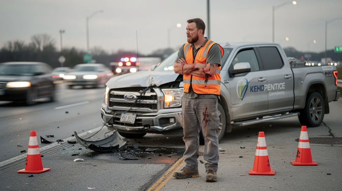 An injured worker stands beside a damaged company vehicle following a car accident on the roadway, visibly affected by the incident. This scene highlights the challenges faced by accident victims, including potential personal injury claims and the need for workers compensation benefits.