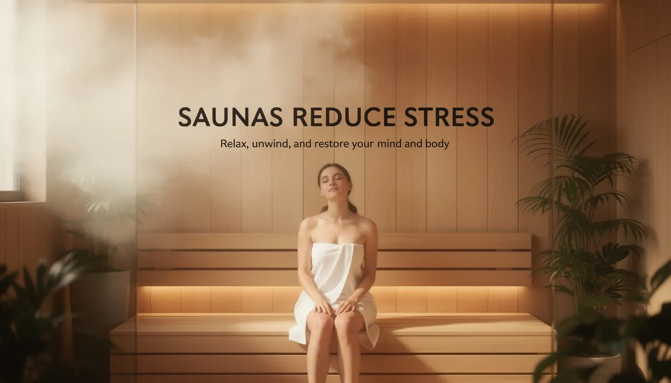 The image depicts a serene sauna environment, illustrating the calming heat that promotes deep relaxation and stress relief. Regular sauna sessions, such as those in infrared saunas, are shown to enhance blood flow and support the body's natural detox processes, helping to eliminate toxins and improve overall health.
