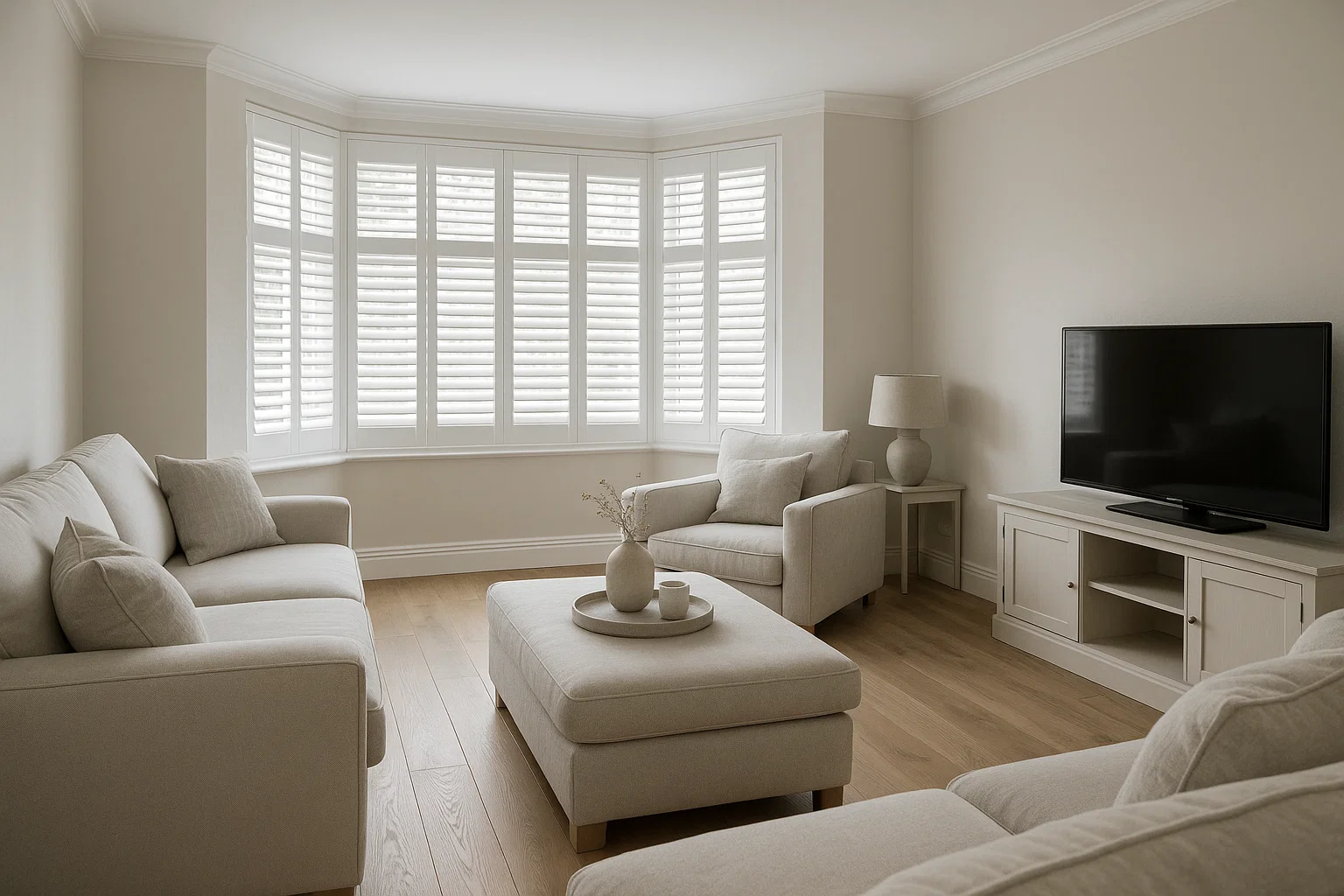 Plantation shutters in a Bramhall living room.