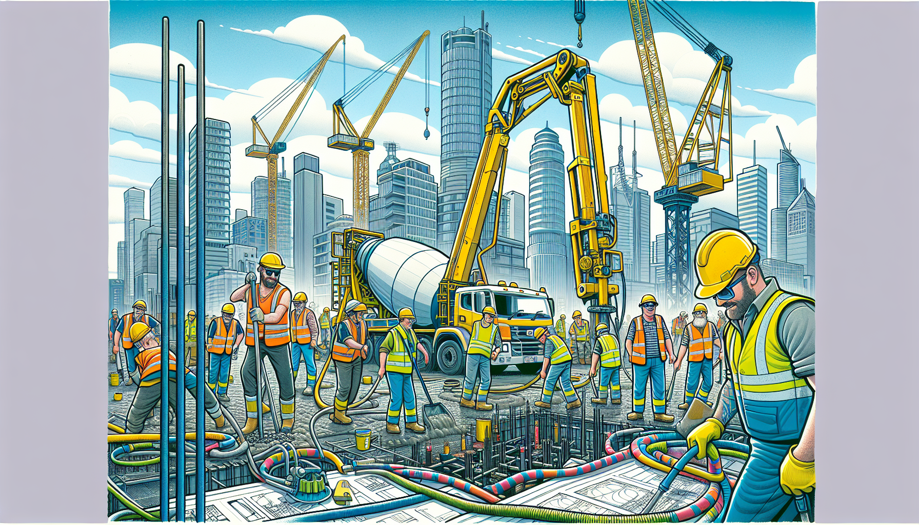 An overview illustration of concrete pumping operations in Victoria, emphasizing safety and equipment.