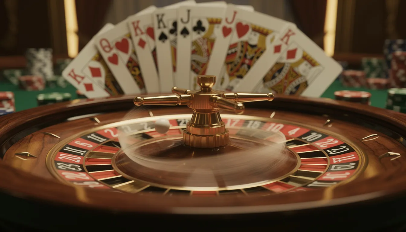 En bild av ett snurrande roulettehjul med eleganta kasinokort i bakgrunden, vilket skapar en atmosfär av spänning och spelande. Denna scen fångar essensen av ett online casino där spelare kan njuta av live casino-upplevelser och potentiella vinster.