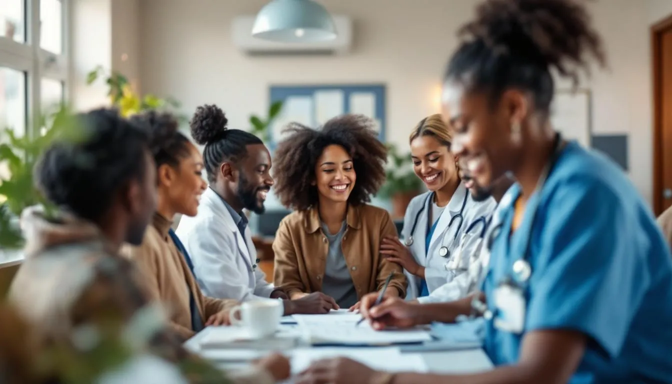 The image depicts healthcare workers collaborating in a community health center, engaging with a diverse group of patients. This scene highlights the importance of essential health services and the role of public health professionals in addressing mental health concerns and promoting health equity among vulnerable communities.