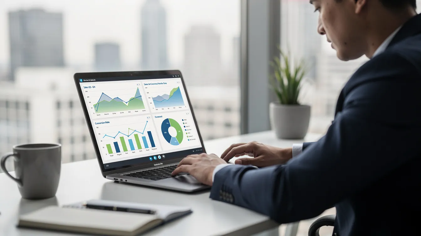 A person is focused on analyzing data on a laptop, with various colorful charts and graphs displayed on the screen, indicating insights into search engine visibility and SEO performance for manufacturing companies. The scene reflects a digital marketing environment, emphasizing the importance of keyword research and SEO strategies in driving traffic and improving rankings.