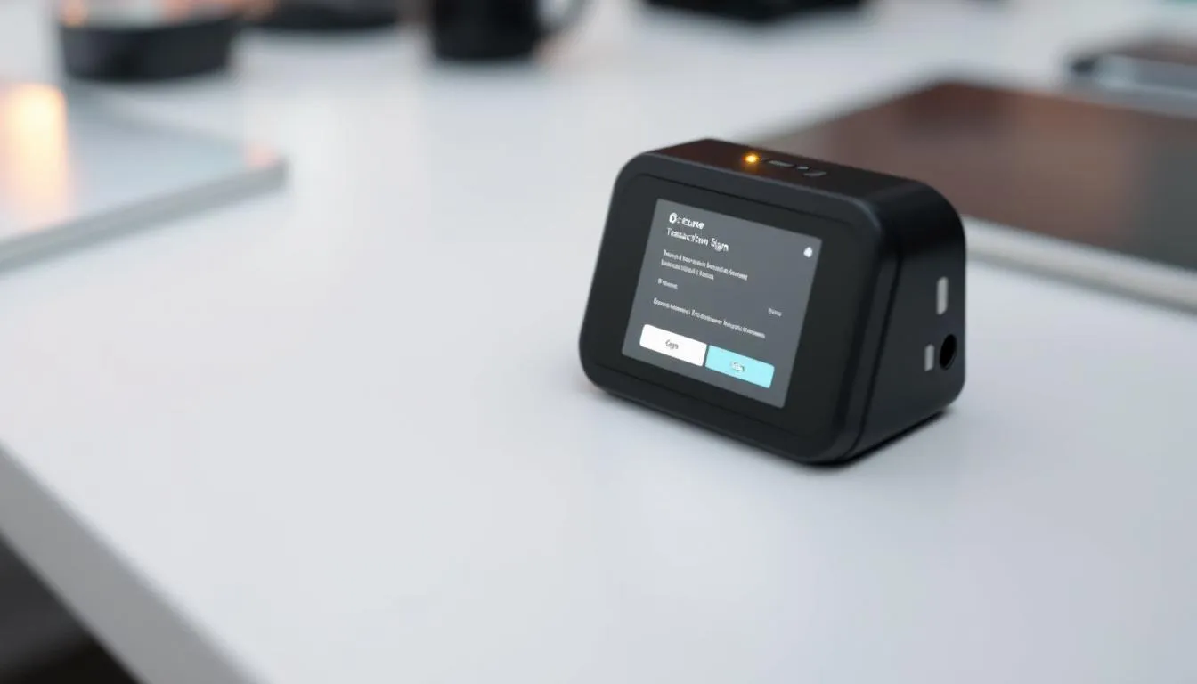 The image shows a secure hardware wallet with a device screen actively signing a transaction, highlighting its role in managing crypto assets. This hardware wallet ensures maximum security for private keys offline, making it one of the best options for safely storing digital currency.