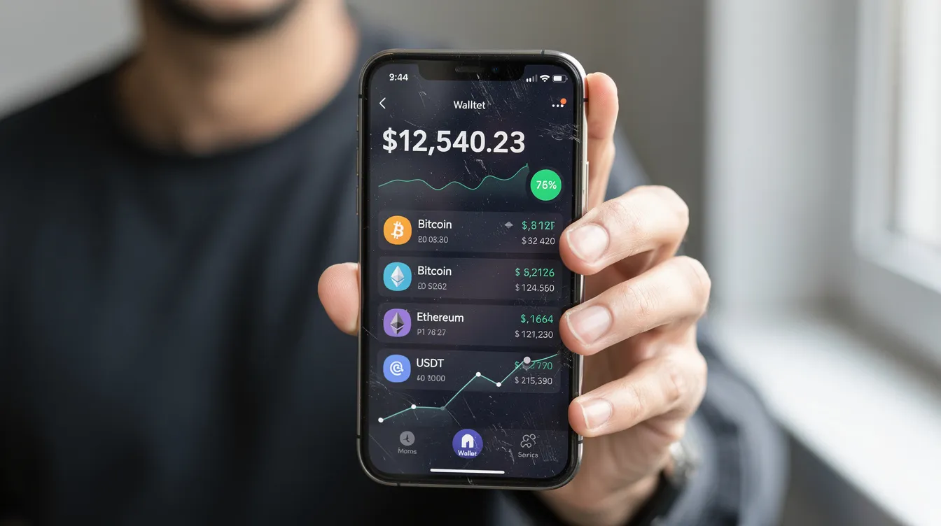 A person is holding a smartphone that displays a cryptocurrency wallet application, showcasing the interface for managing crypto transactions. This image highlights the growing trend of using crypto wallets for online gambling, including features like deposits and withdrawals for bitcoin casinos and other crypto gambling sites.