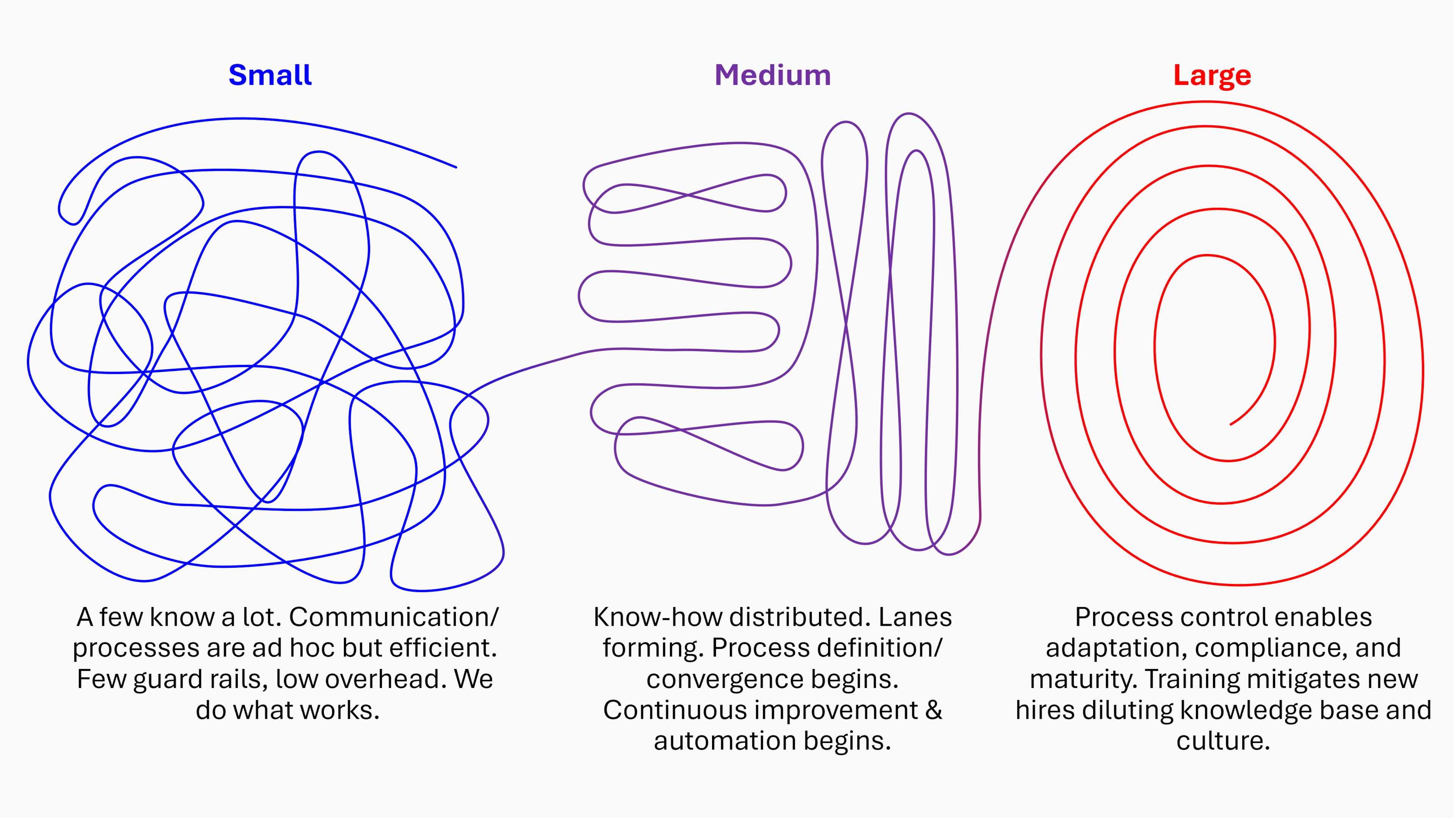 Scorpion Five Technologies (S5T) illustration showing how small businesses evolve from chaotic processes to structured enterprise systems as they scale, with S5T guiding organizations to mature business processes and optimize enterprise workflows