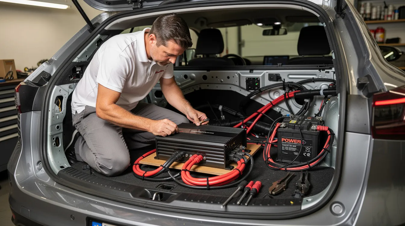 A technician is seen installing an amplifier and power wiring inside a vehicle's audio system, focusing on enhancing sound quality and managing sound pressure levels (SPL) for optimal performance. The setup aims to provide car audio enthusiasts with a powerful sound output while considering the effects of noise pollution and prolonged exposure to loud music.