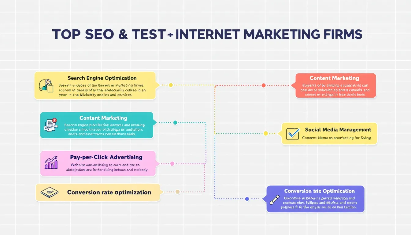 An infographic illustrating the key services provided by top SEO and internet marketing firms, highlighting aspects such as search engine optimization, digital marketing strategies, and web development, aimed at enhancing online visibility and driving organic traffic for businesses. The design emphasizes the importance of tailored SEO strategies and the role of SEO agencies in achieving business growth and success.