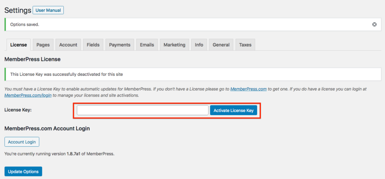 Add your license code to the License tab of Memberpress's Settings page. Source: docs.memberpress.com