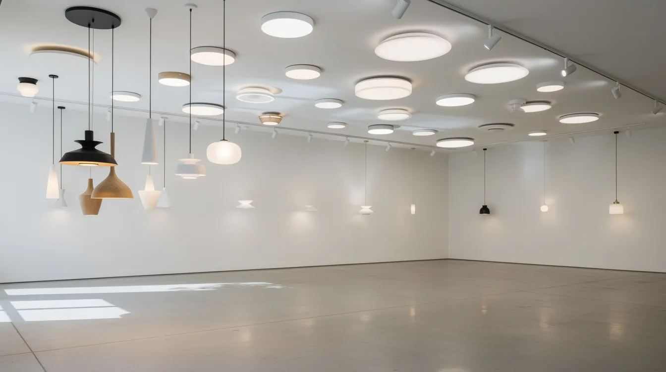 Bilden visar många olika taklampor upphängda i en ljus utställningsmiljö, inklusive moderna pendellampor, plafonder och spotlights. Dessa lampor ger en bra belysning och passar perfekt i olika rum som vardagsrum, kök och hall, vilket skapar en stilfull atmosfär.
