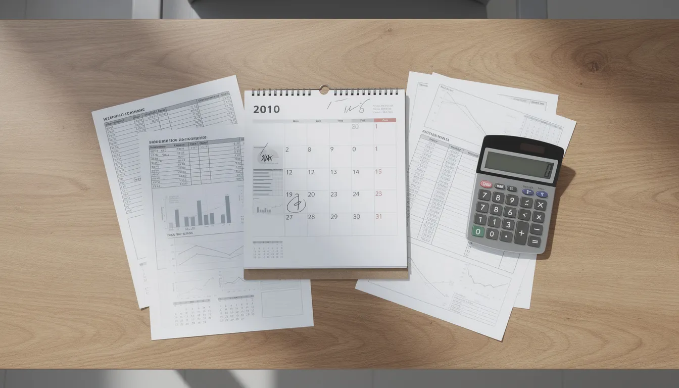 The image shows a calendar alongside various financial documents and a calculator on a wooden desk, suggesting a focus on retirement planning and managing required minimum distributions (RMD) from retirement accounts such as a 401(k) or IRA. This setup highlights the importance of tracking financial obligations and tax implications for retirement savings.