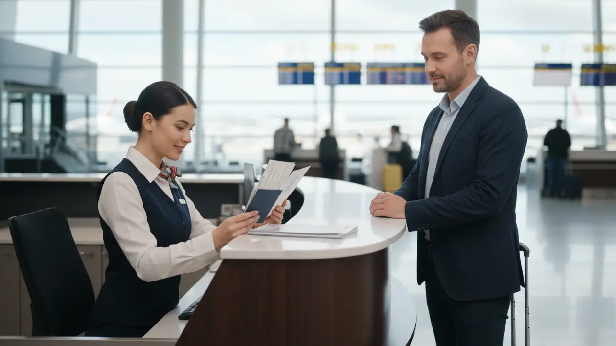 Airline staff compare destination visa transit and onward ticket after route change