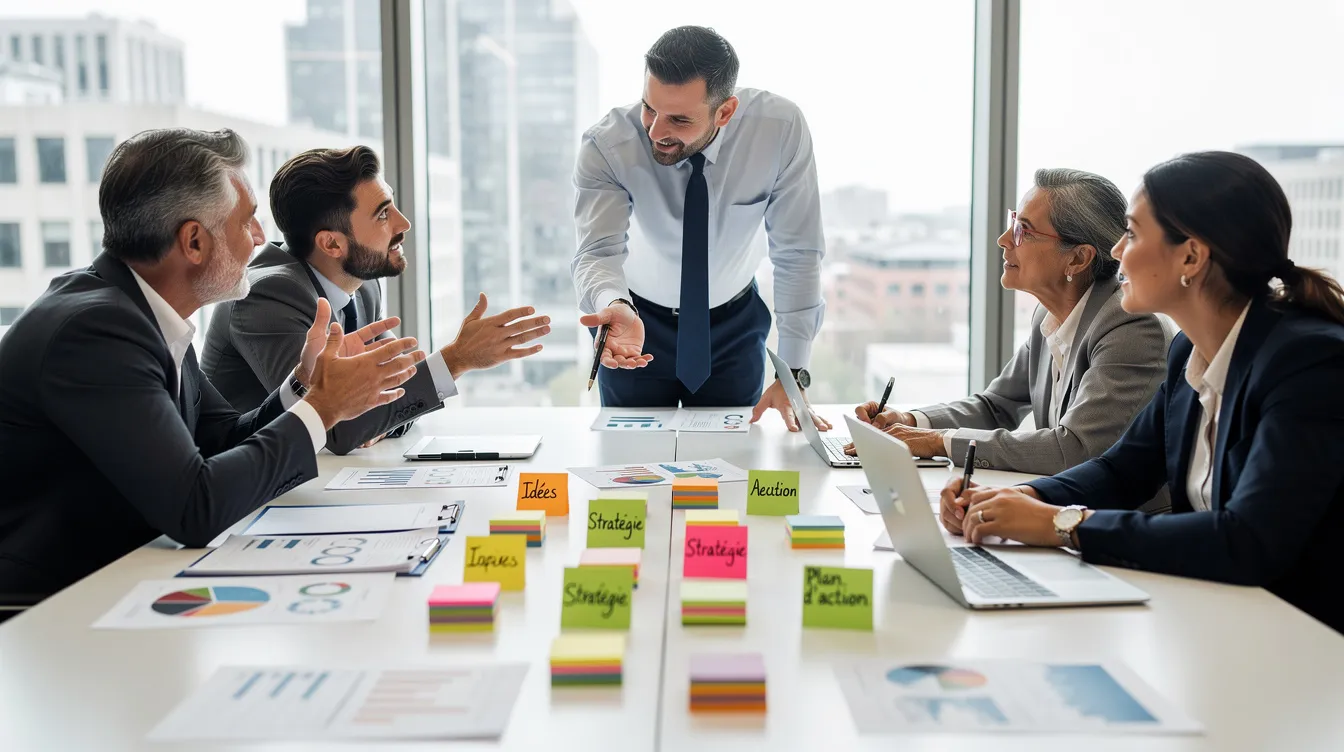L'image montre une équipe de professionnels engagés dans une discussion animée autour d'une table de réunion, entourée de post-its et de documents, illustrant comment les désaccords peuvent devenir un levier pour la créativité et la performance collective. Cette dynamique met en avant l'importance du dialogue et de la cohésion d'équipe dans le contexte du management.