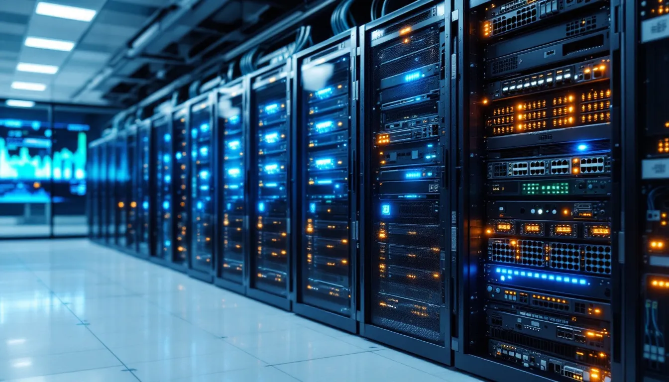 The image depicts a technical infrastructure setup featuring rows of servers and various network equipment, illustrating the backbone of a private video hosting platform. This setup emphasizes the importance of secure video hosting services, showcasing advanced features that enable scalable video hosting solutions for businesses and media companies.