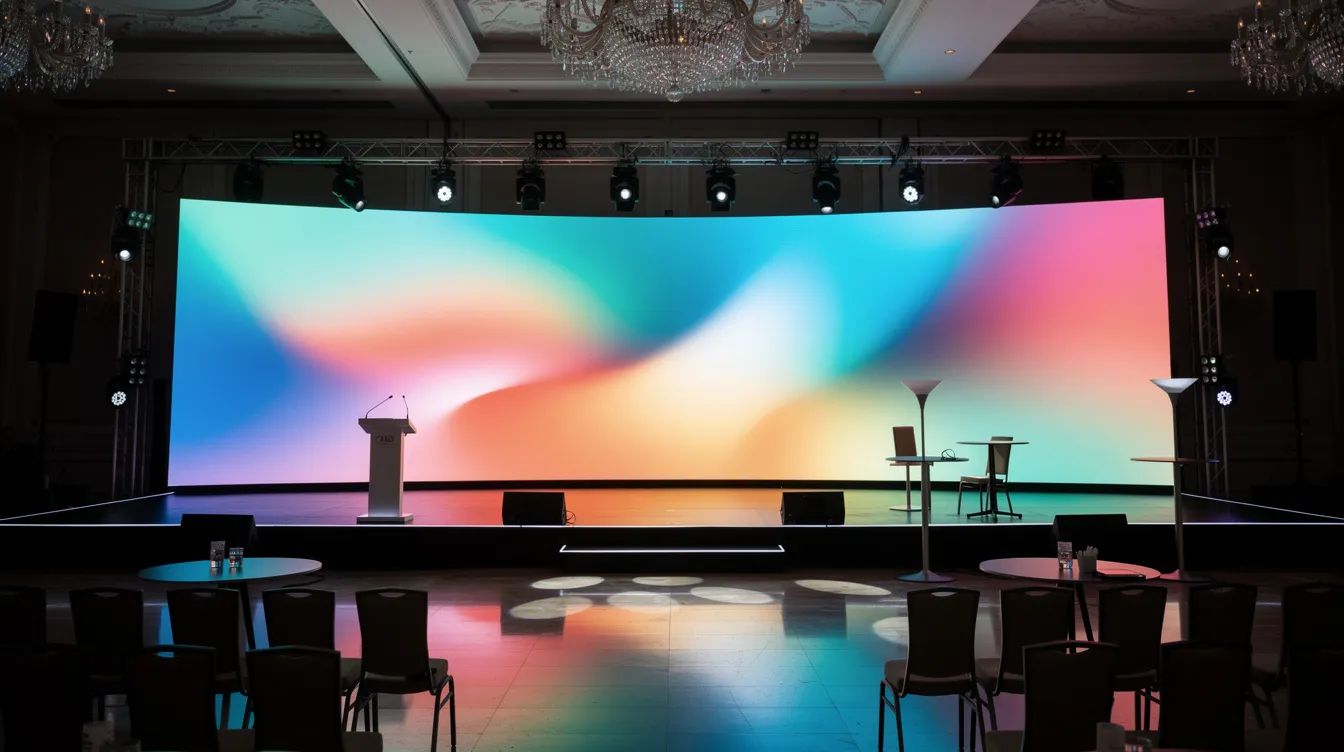 A wide shot of a corporate event stage featuring a large LED video wall, which illuminates the ballroom with vibrant, colorful visuals. The LED display showcases high resolution content, enhancing the visual experience for attendees.