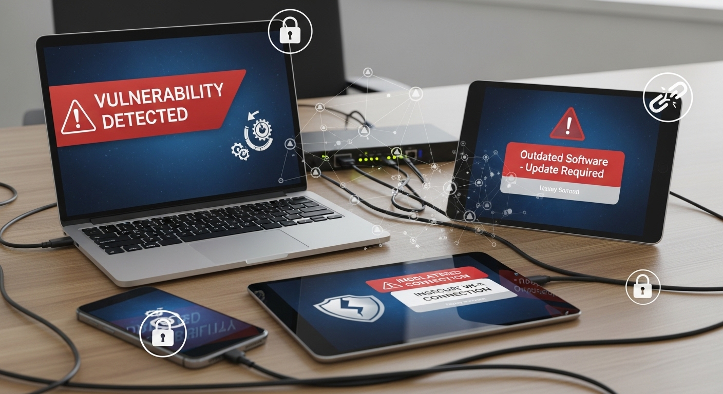 Multiple personal devices connected to a corporate network with visible security vulnerabilities and warning icons.