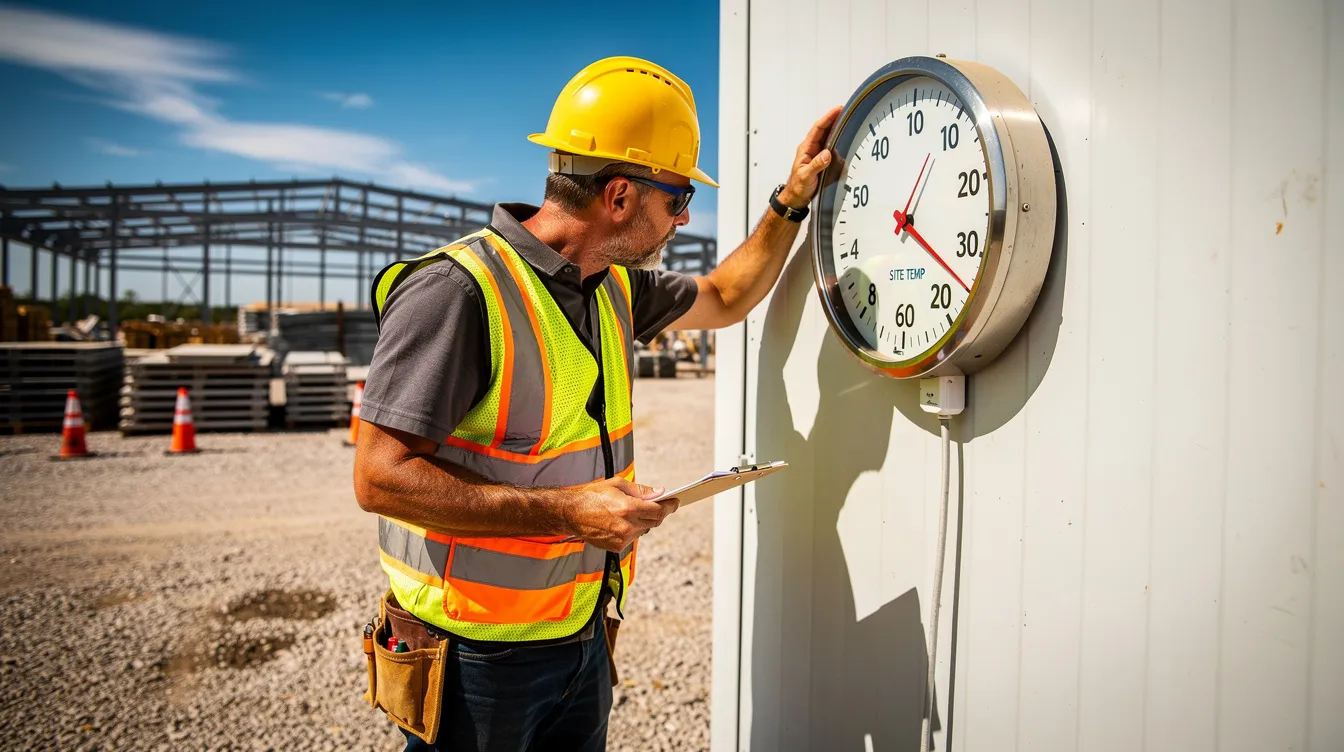 A construction foreman wearing a hard hat is checking a thermometer mounted on a construction trailer under direct sunlight on a bright sunny day. This scene highlights the importance of heat illness prevention and monitoring heat exposure to protect workers from heat-related illnesses such as heat exhaustion and heat stroke.
