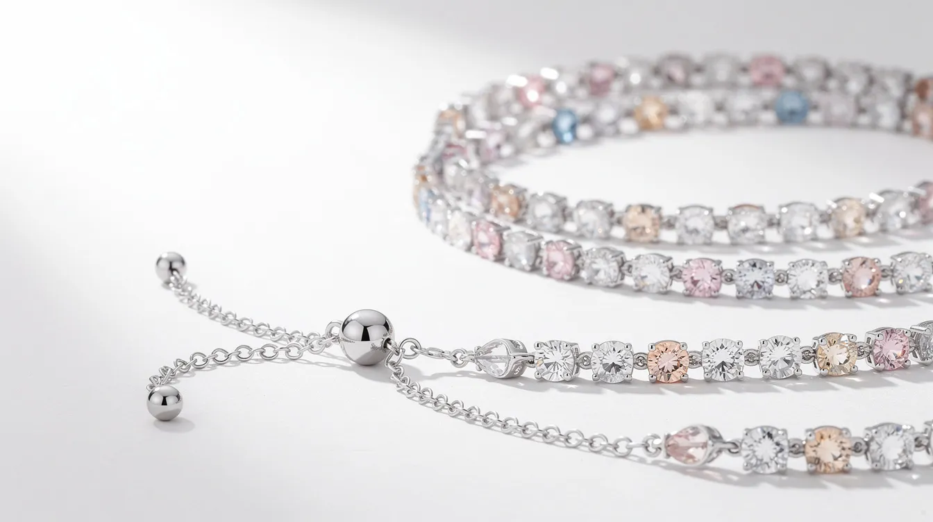 This image features a stunning rhodium-plated sterling silver bracelet adorned with sparkling zircon stones, showcasing a design that exudes timeless elegance and versatility for any special occasion. The bracelet includes adjustable chains and comes in various color options, making it a perfect accessory to enhance any outfit.