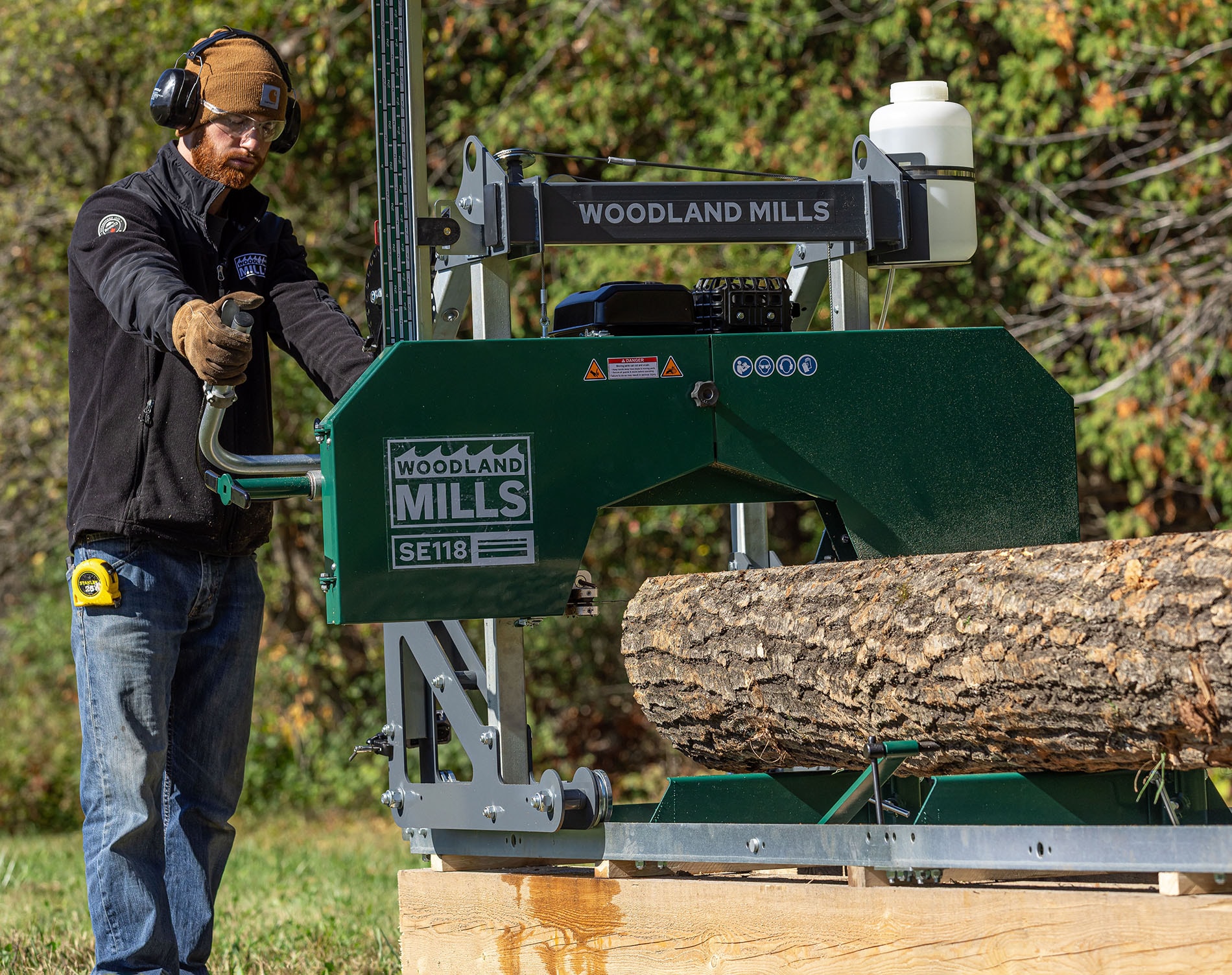 A Woodland Mills SE118, a quality sawmill for turning wood into lumber. 