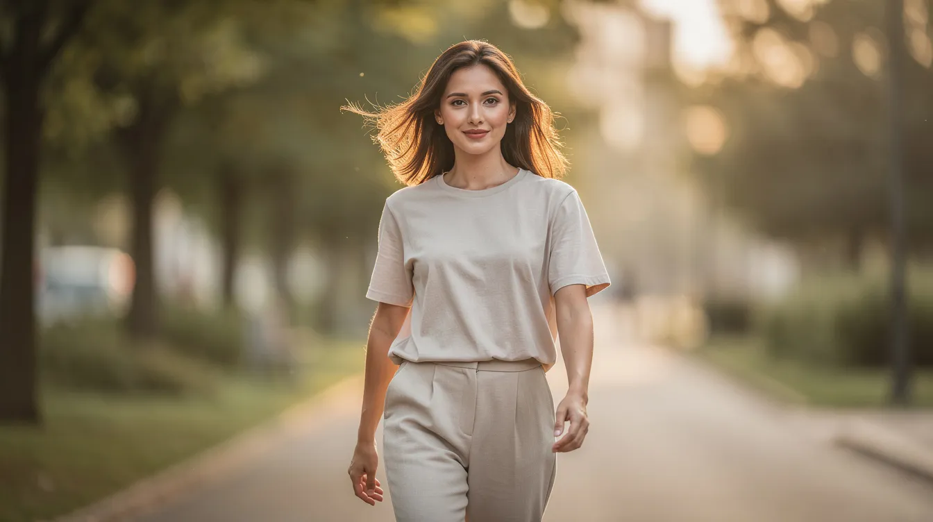 A woman with radiant, glowing skin strolls outdoors in soft daylight, showcasing her healthy complexion. She appears to have a well-maintained skincare routine, potentially using a broad spectrum SPF moisturiser to protect against harmful UV rays and maintain her skin's hydration.