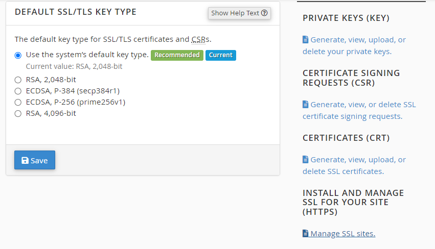 The SSL/TLS page in the cPanel
