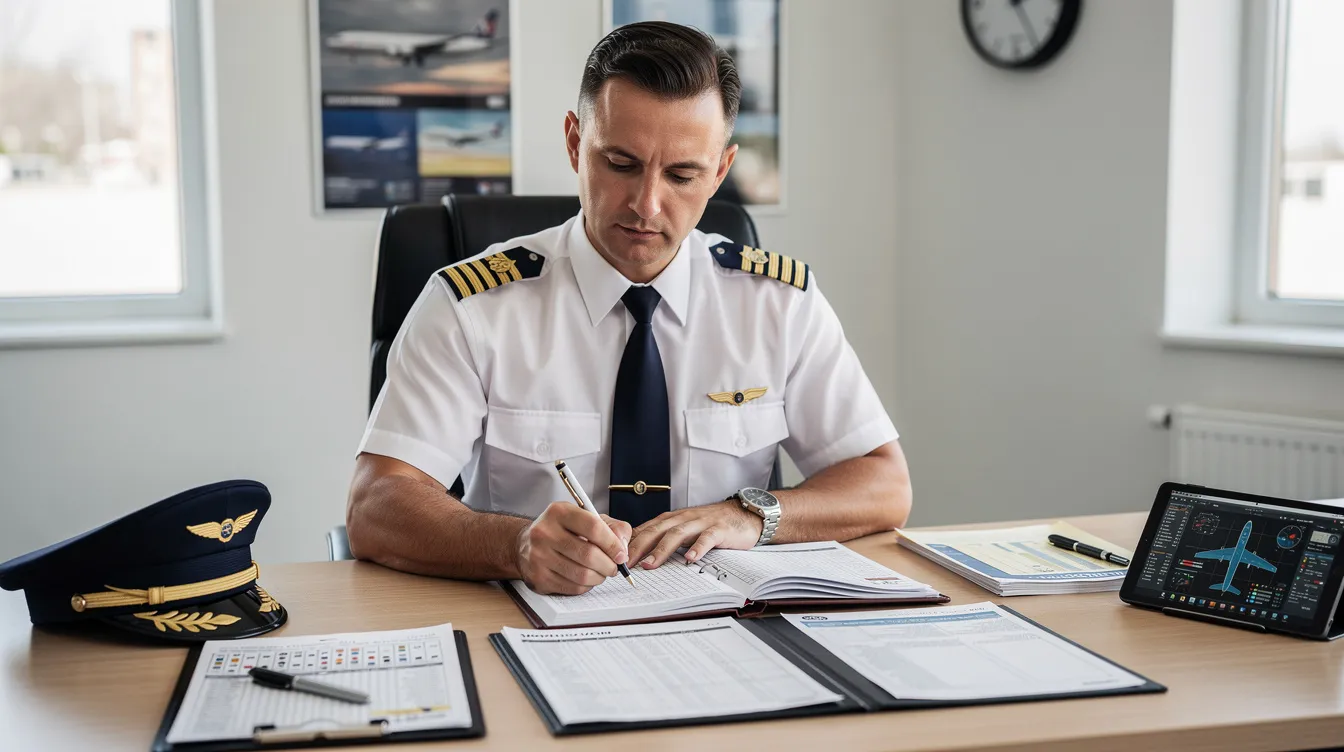 A commercial pilot sits at a desk, reviewing aircraft documents and logbooks, surrounded by aviation supplies and a tablet. The scene emphasizes the importance of aeronautical knowledge and preparation for the FAA knowledge exam and commercial pilot checkride.
