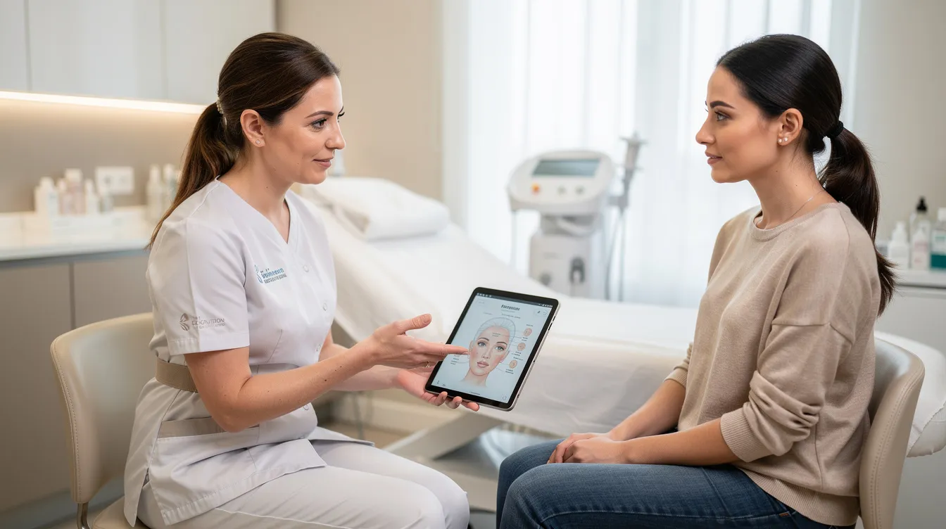 The image depicts a calm consultation between an aesthetic clinician and a patient discussing various facial treatment options, including skin tightening treatments that utilize RF energy for collagen stimulation and tightening sagging skin. The clinician explains the treatment plan, emphasizing the importance of maintaining surface temperature and controlling energy delivery to achieve visible tightening and improve skin texture with minimal discomfort.