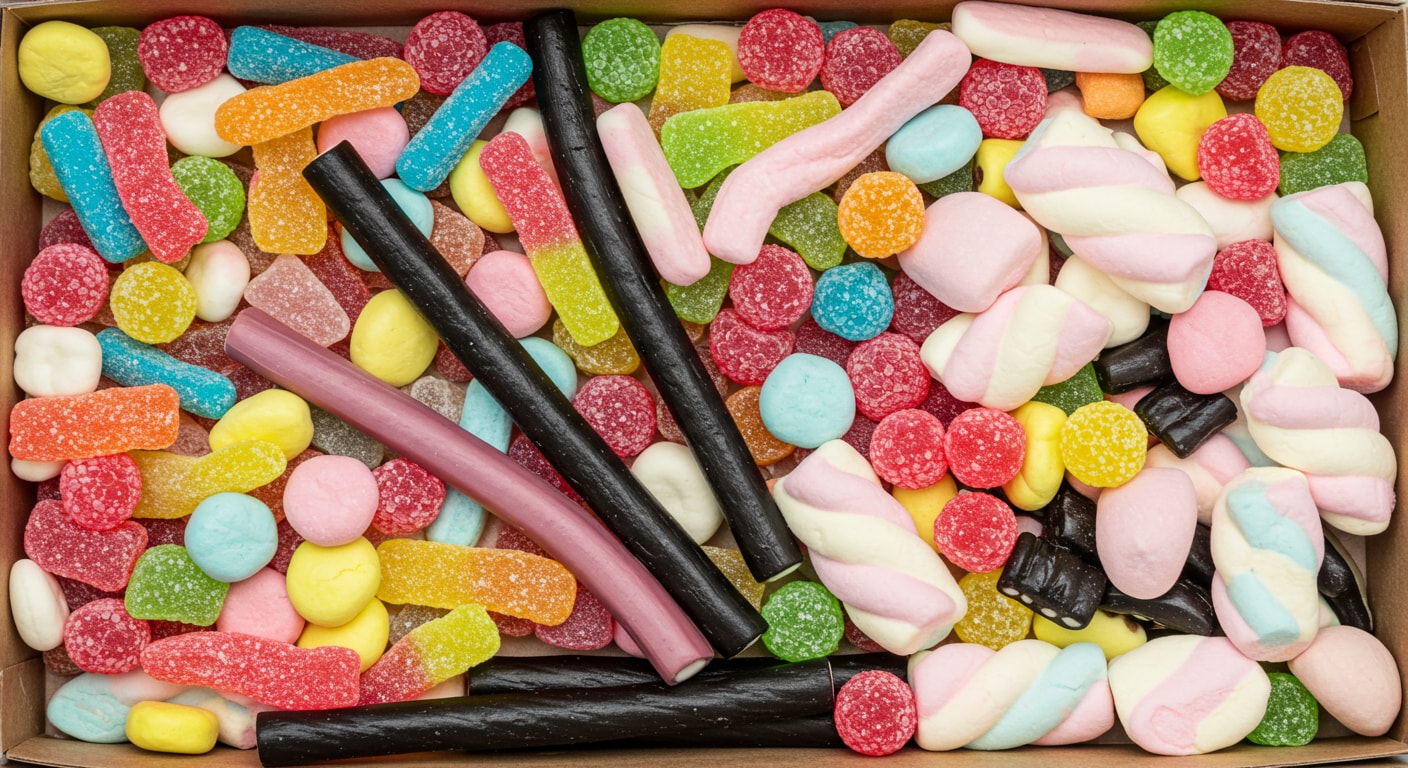 A top-down view of an open candy box filled with a colorful variety of Swedish candies