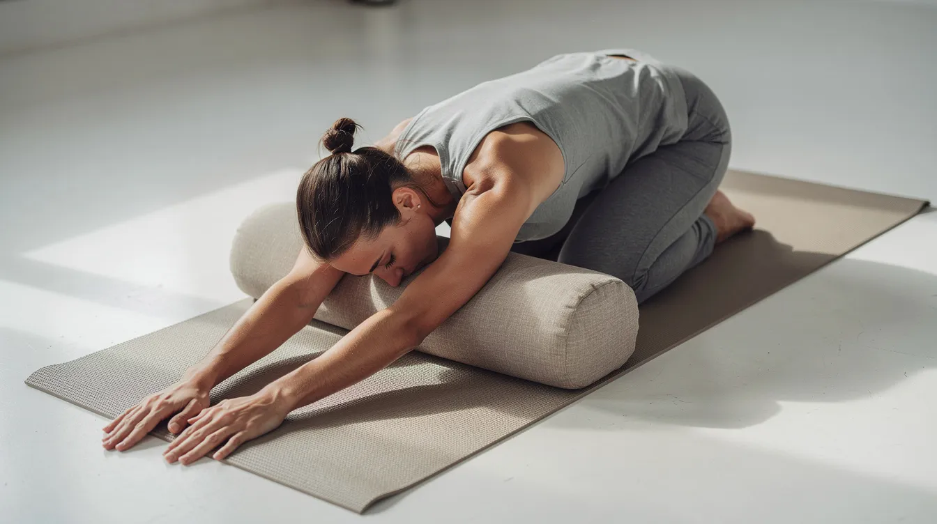 A person is resting in child's pose on a yoga mat, using a bolster for support, embodying relaxation and mindfulness in their yoga practice. This beginner yoga pose promotes a full body experience while encouraging deep breathing and alignment, making it accessible for those starting their yoga journey.