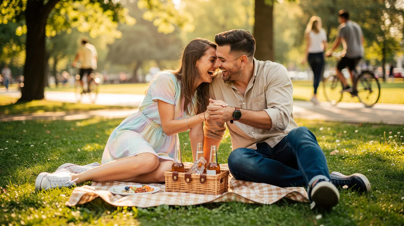 A cute couple is enjoying a fun date in the park, sharing laughter and smiles as they explore their shared interests and deepen their connection. The scene captures a moment of romance and compatibility, reflecting their solid foundation for a long-term relationship.