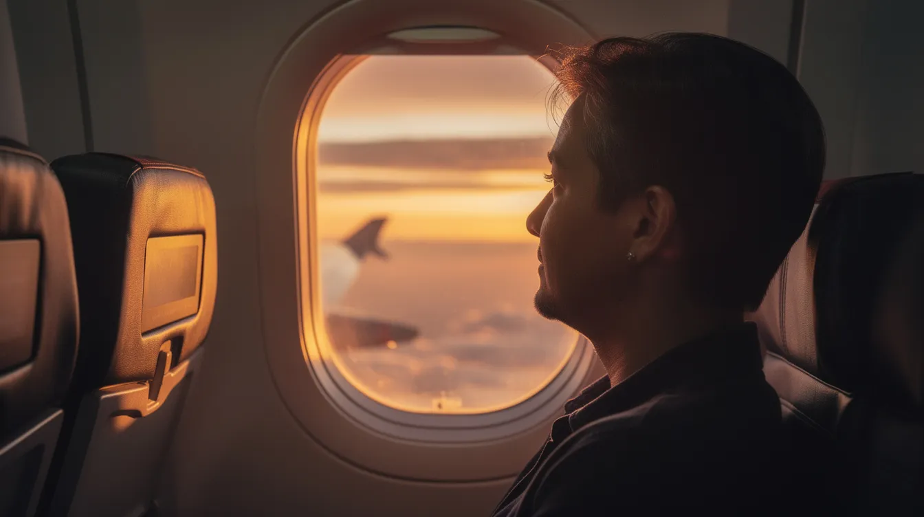 A person gazes out of an airplane window, marveling at a vibrant sunset, as the warm colors blend into the evening sky. This serene moment highlights the importance of melatonin production, which helps regulate the body&rsquo;s circadian rhythms and sleep-wake cycle, especially during travel that may disrupt usual sleep patterns.