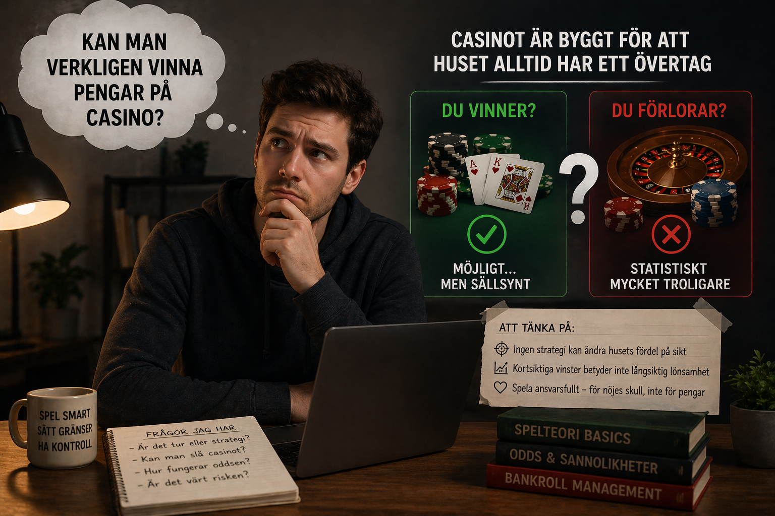 Person funderar på om man kan vinna pengar på casino och skillnaden mellan vinst och förlust