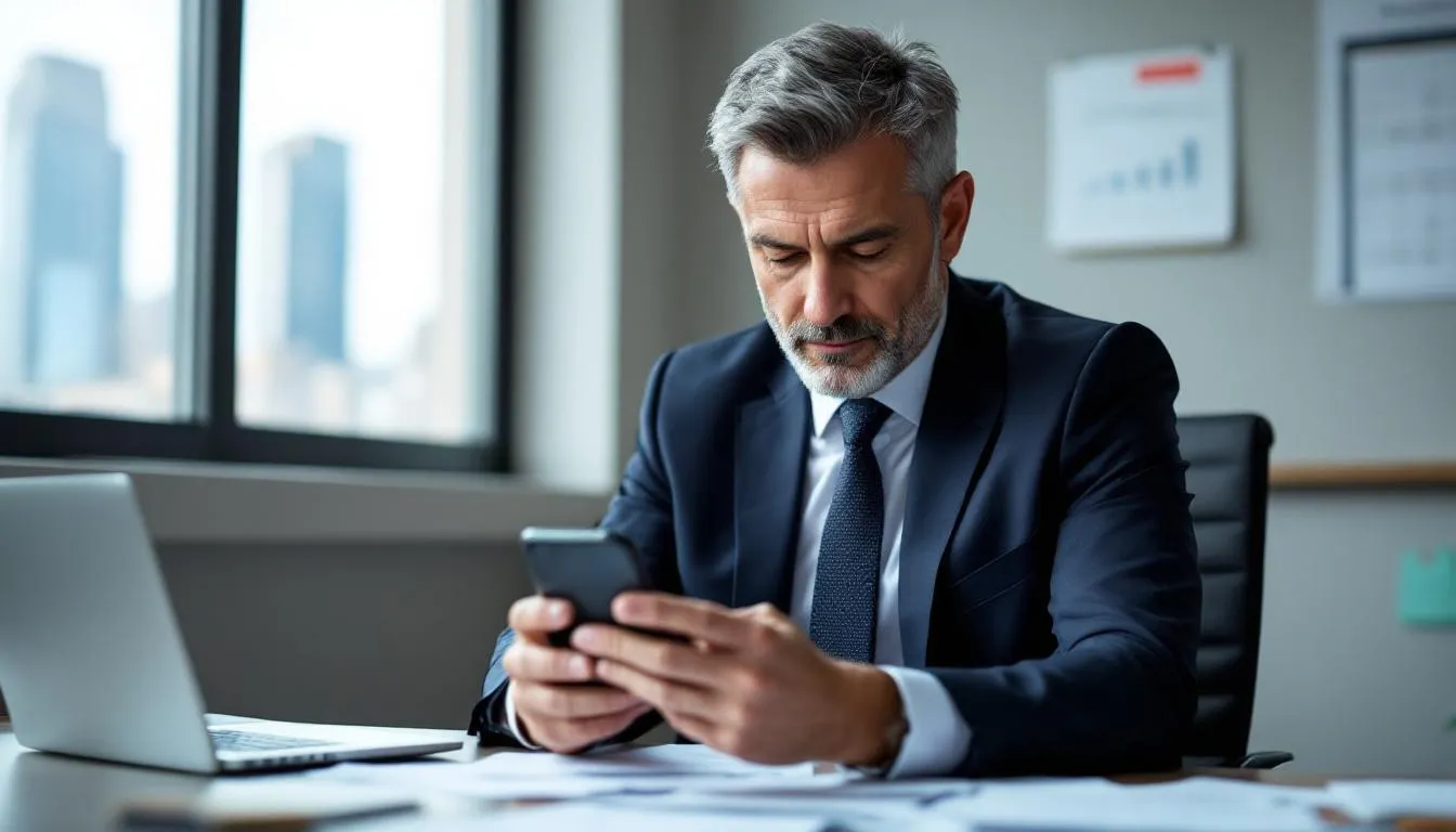 Na zdjęciu widoczny jest przedsiębiorca z Łodzi, który sprawdza wyniki wyszukiwania na swoim smartfonie. Jego zainteresowanie wzmiankami o marce oraz reputacją firmy sugeruje, że monitoruje widoczność swojej witryny w internecie.