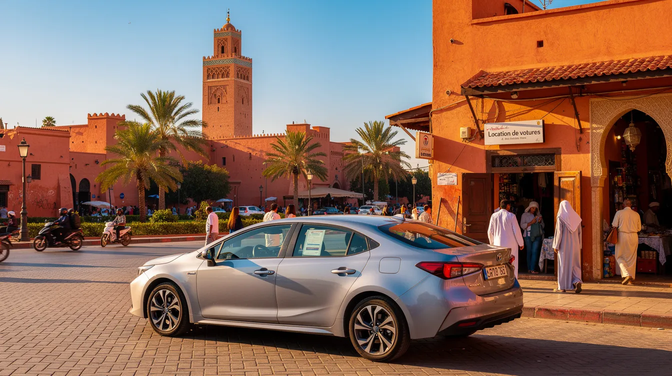 Une voiture de location est garée à proximité de la médina de Marrakech, avec la Koutoubia en arrière-plan. Ce véhicule est disponible pour les clients souhaitant explorer la ville, offrant un service de location pratique et accessible.