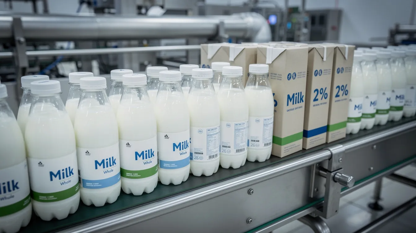 a9fe76db 2731 4e14 8f40 30736c6b4dd9 The image shows a production conveyor belt filled with various sized dairy beverage bottles and cartons, illustrating the dairy production process. This setup highlights the importance of effective plant capacity planning within the dairy supply chain to meet market demand for quality dairy products.