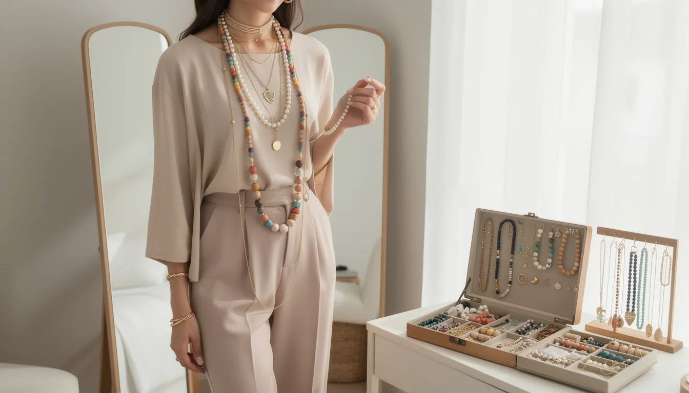 The image showcases a flat surface adorned with colorful beads, including letter beads and seed beads, arranged in patterns to create beautiful beaded friendship bracelets. Various tools such as a needle and string are visible, suggesting tips for kids on how to measure and tie secure knots for a comfortable fit.