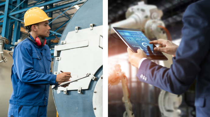 Worker using pen and paper (right), vs worker using digital tools with real-time insights. The image on the left represnts the outdated business model from the third indsutrial revolution. While the image on the right represents a smart factory utilizing modern technologies such as artificial intelligence and machine learning, edge computing, and cloud computing with internet connected machinery. 