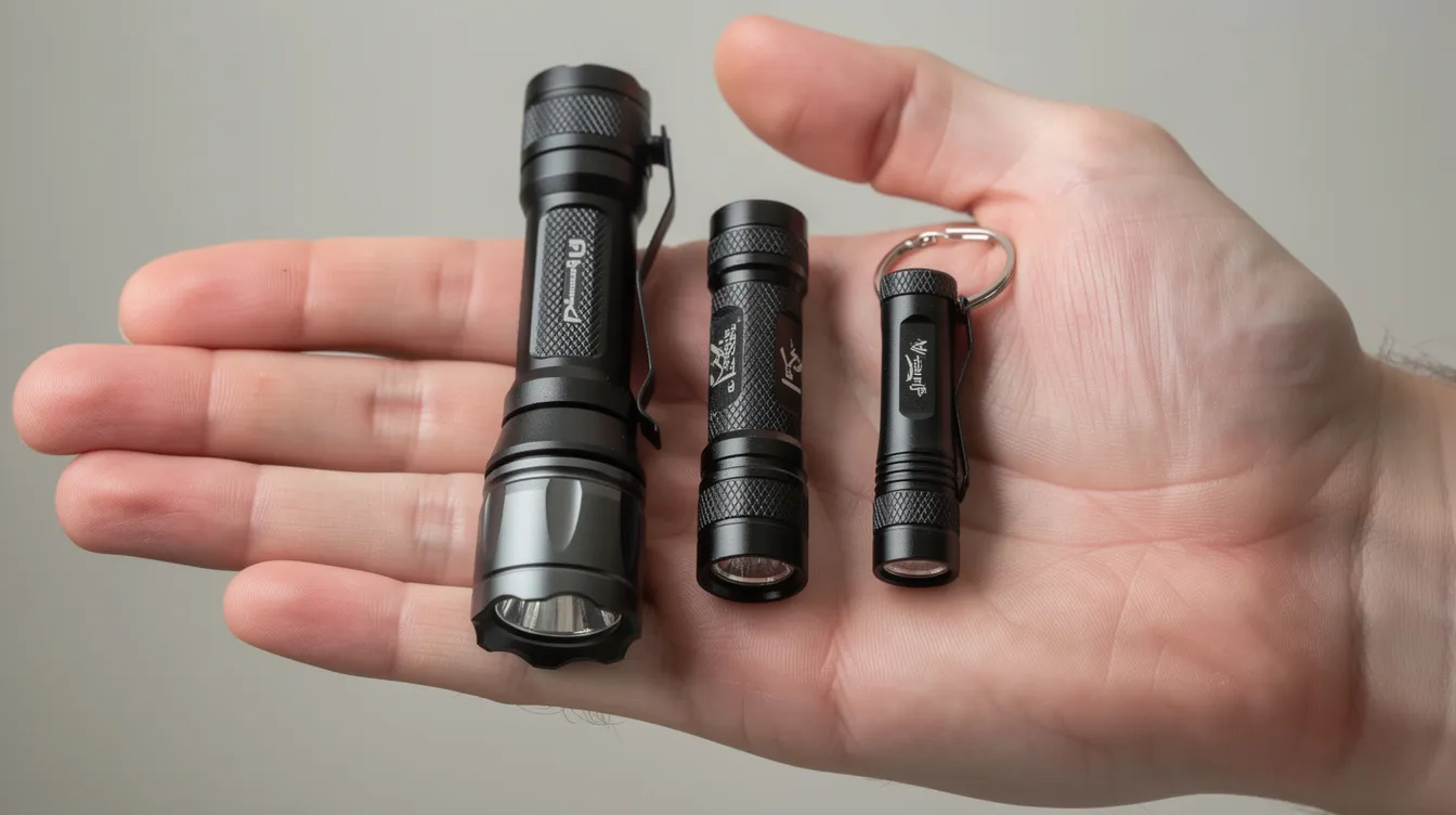 The image shows a person's open hand holding three flashlights of varying sizes, illustrating a scale comparison. Each flashlight represents different features, such as a compact flashlight suitable for everyday carry and a tactical flashlight with a removable pocket clip.