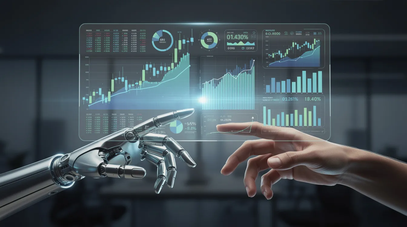 The image depicts a robotic hand and a human hand collaborating on a digital interface that showcases financial data visualizations, illustrating the integration of technology in trading and investment strategies. This scene emphasizes the partnership between users and developers in navigating market conditions and analyzing financial instruments for potential profit.