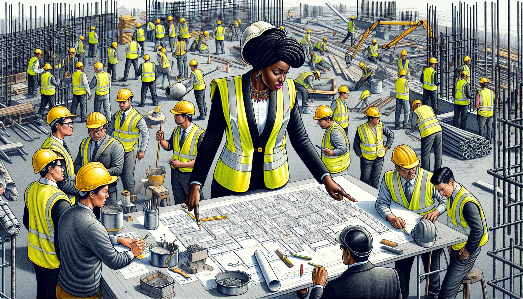 Illustration of a construction project with a general contractor overseeing the work