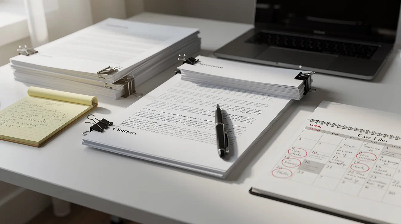 The image depicts a neatly organized desk featuring various legal documents related to family law, alongside a calendar, symbolizing the meticulous planning often required in child custody cases. This setting reflects the importance of legal representation and careful consideration in custody arrangements and family court proceedings.