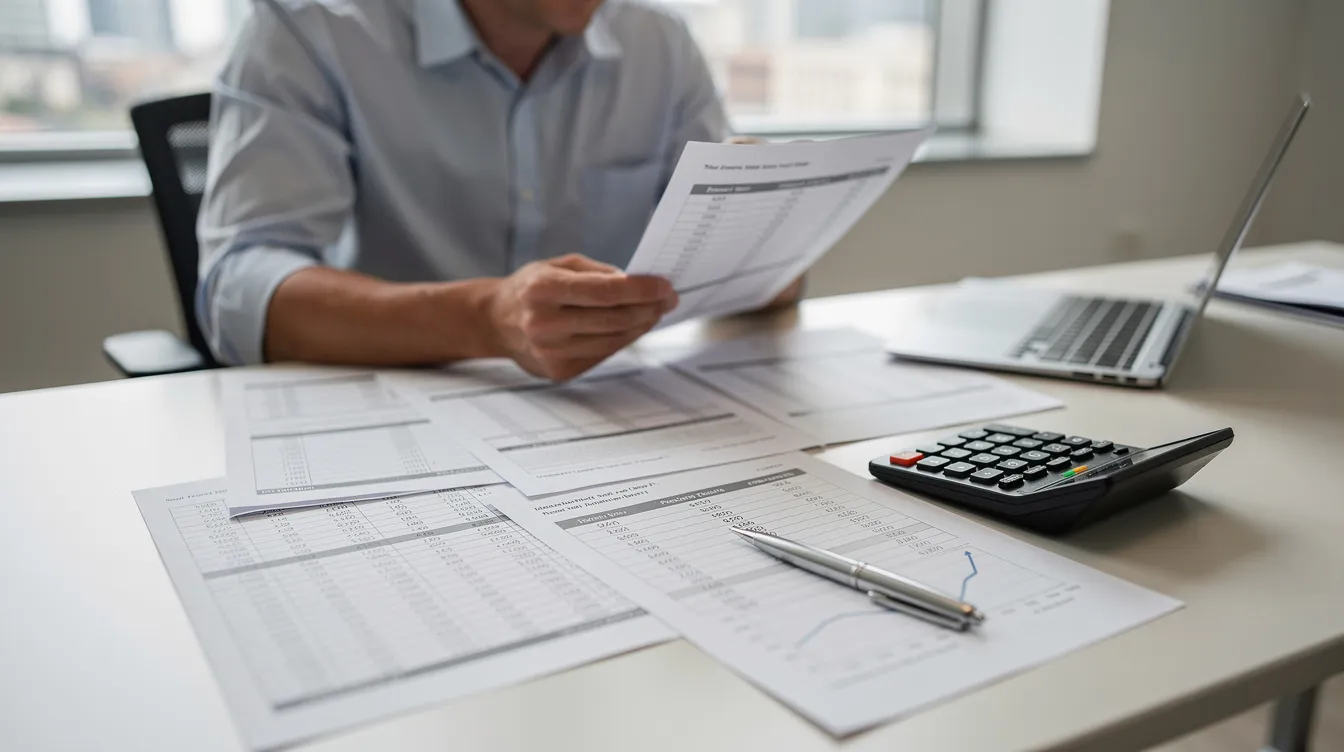 aa03bdb5 1a24 48ab 9b78 bef30da2b57c A person is seated at a desk, carefully reviewing printed financial documents that include a detailed project report, while a calculator and pen are positioned nearby. The scene suggests a focus on financial projections and the preparation of a comprehensive project report for a mudra loan application.