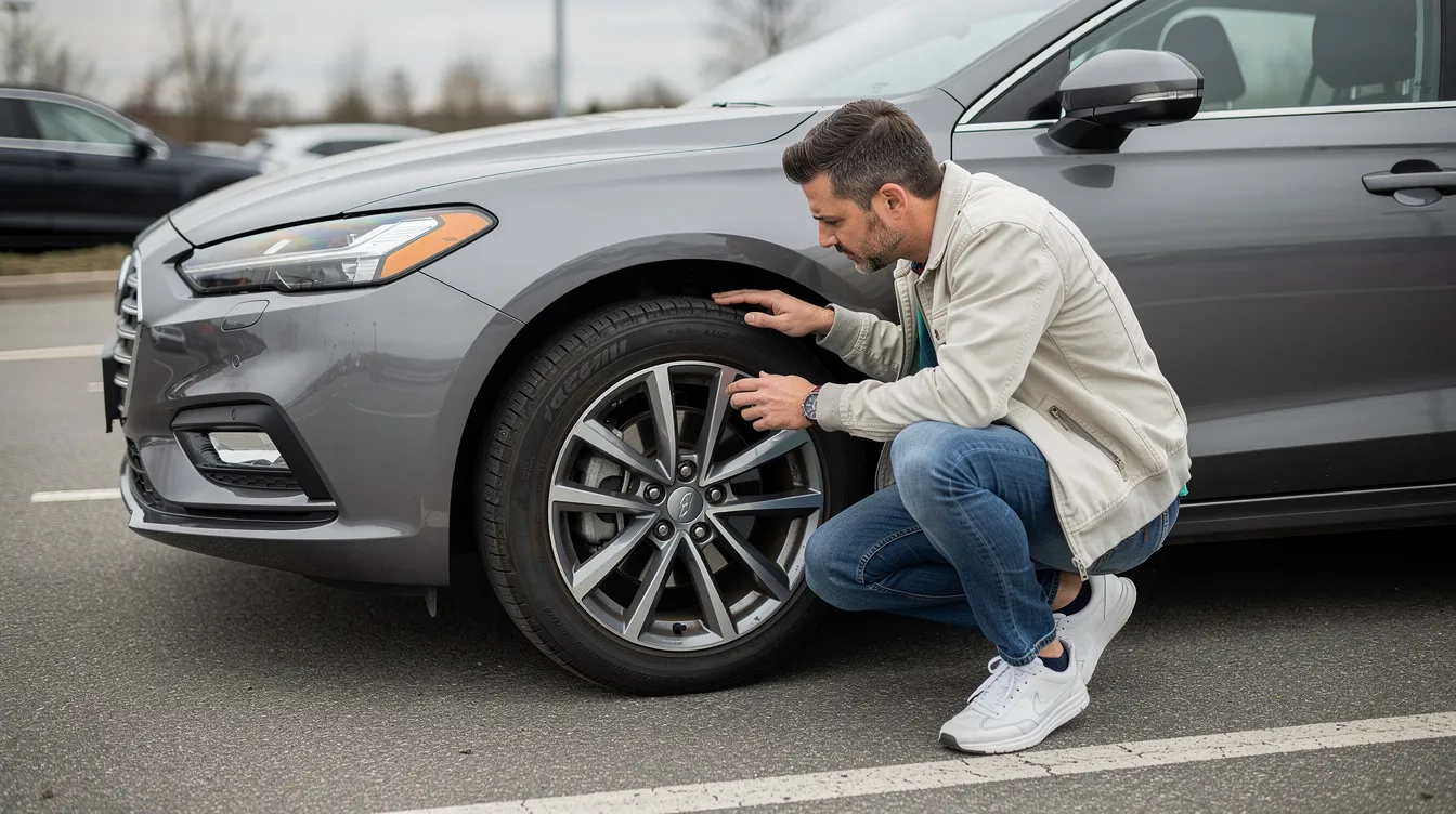 Un conducteur examine attentivement un pneu de voiture sur un parking, probablement en cas de crevaison. Il semble préoccupé par la situation, cherchant une solution pour réparer ou remplacer le pneu crevé de son véhicule de location.