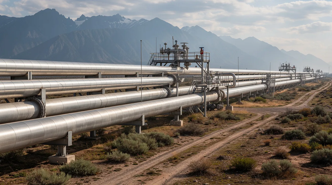 The image depicts an extensive industrial pipeline infrastructure traversing open terrain, with majestic mountains in the background, highlighting the vital role of natural gas and renewable energy in the energy sector. This scene reflects the complex projects involved in energy company development and project finance, essential for both public and private companies in the energy industry.